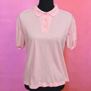 Vintage 1980s Stepping Stones Preppy Pastel Pink Polo Blouse Top - Large